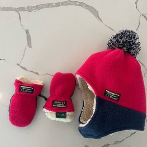 LL Bean Baby Hat & Glove Set 6-12 Months Pink, Beige & Navy Blue Perfect Cond